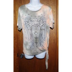23 Love Street Womens M Tie Dye Angel Wings Cross Graphic Side Tie T-Shirt Green